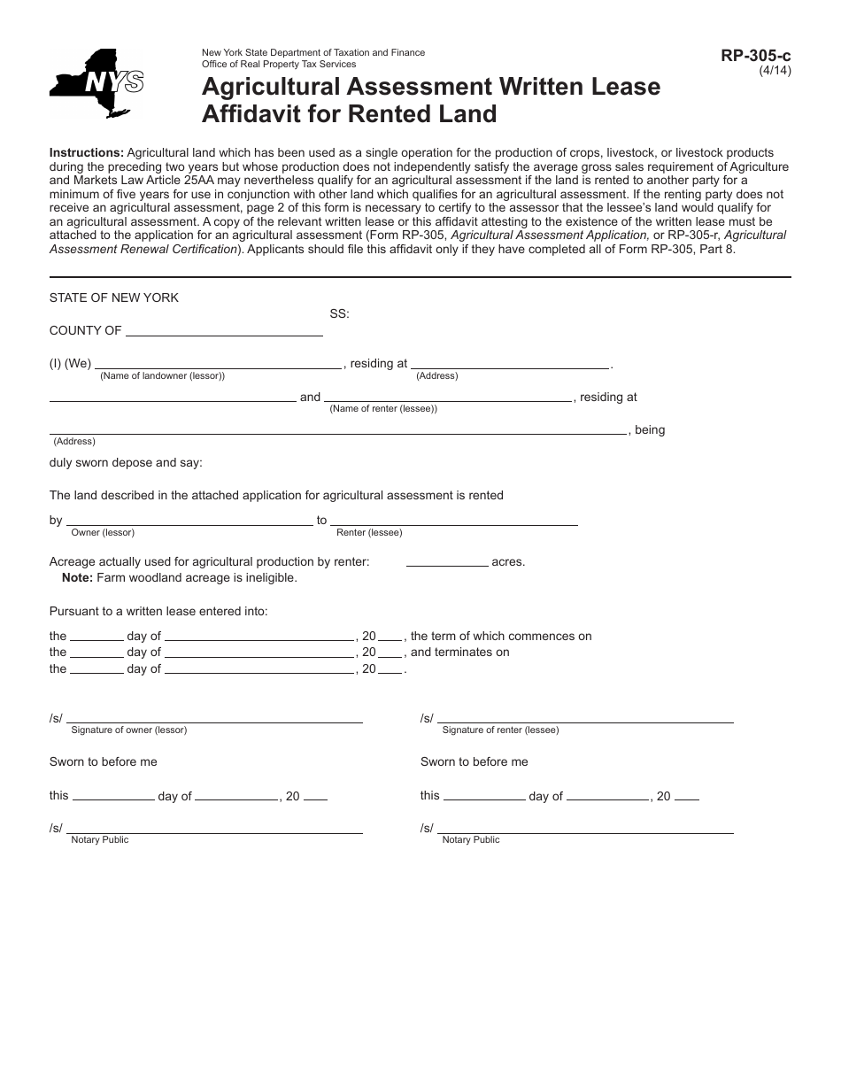 Form RP-305-C Agricultural Assessment - Written Lease Affidavit for Rented Land - New York, Page 1