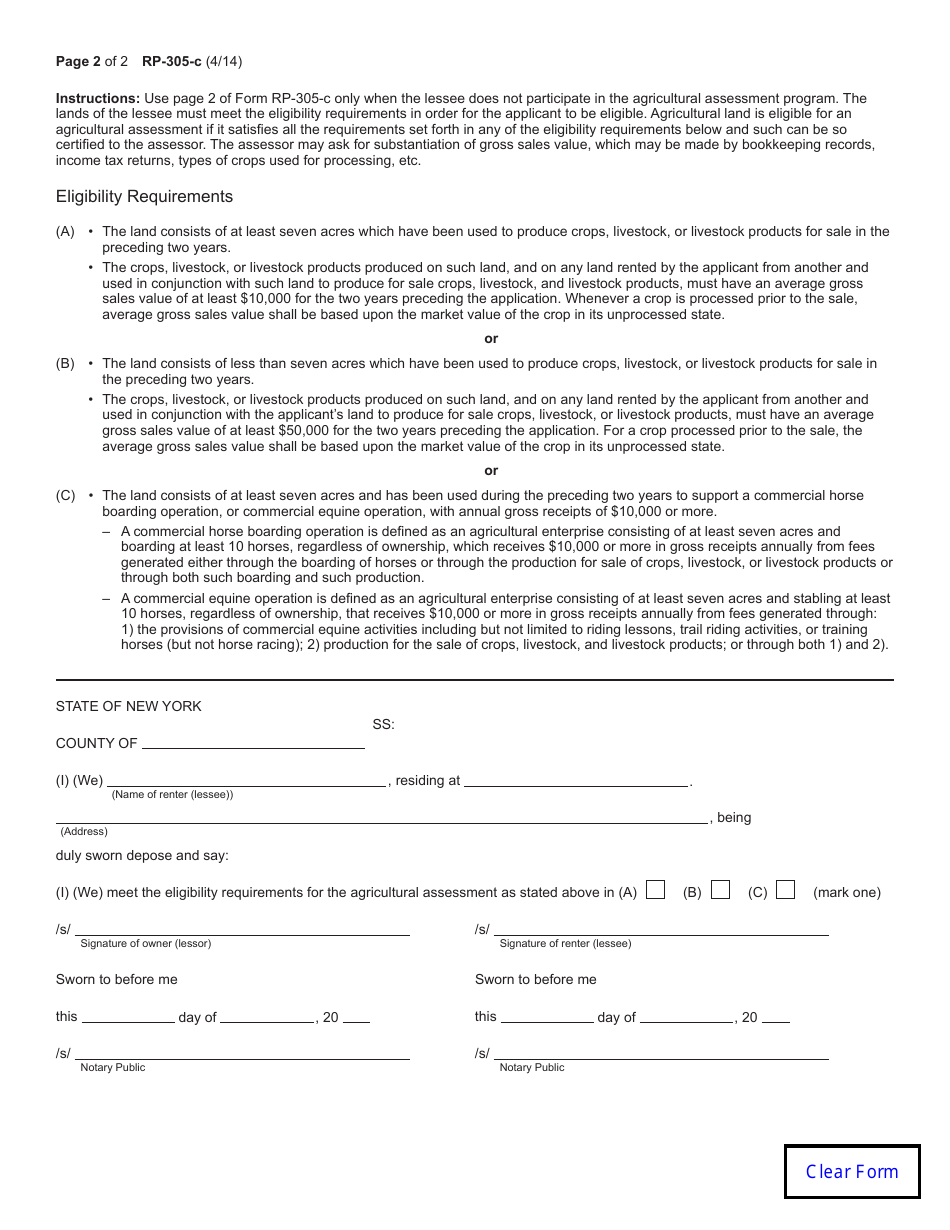 Form RP-305-C Agricultural Assessment - Written Lease Affidavit for Rented Land - New York, Page 2