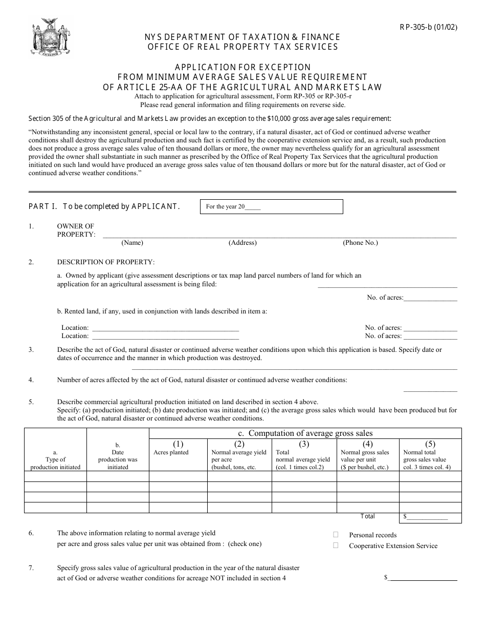 Form RP-305-B Application for Exception From Minimum Average Sales Value Requirement of Article 25-aa of the Agricultural and Markets Law - New York, Page 1