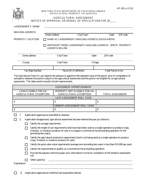 Form RP-305-A Agricultural Assessment Notice of Approval or Denial of Application - New York