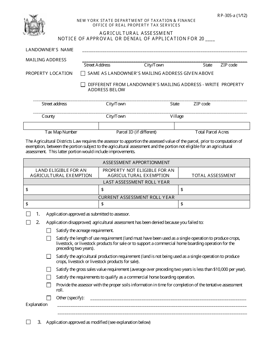 Form RP-305-A Agricultural Assessment Notice of Approval or Denial of Application - New York, Page 1