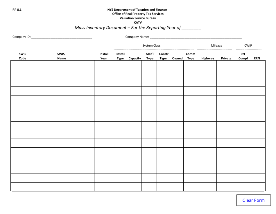 Form RP8.1 Mass Inventory Document - New York, Page 1
