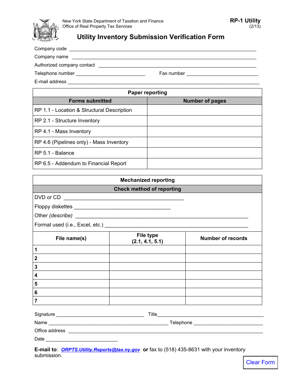 Form RP-1 UTILITY Utility Inventory Submission Verification Form - New York, Page 1