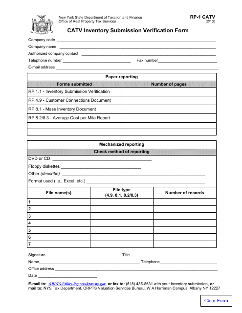 Form RP-1 CATV Catv Inventory Submission Verification Form - New York