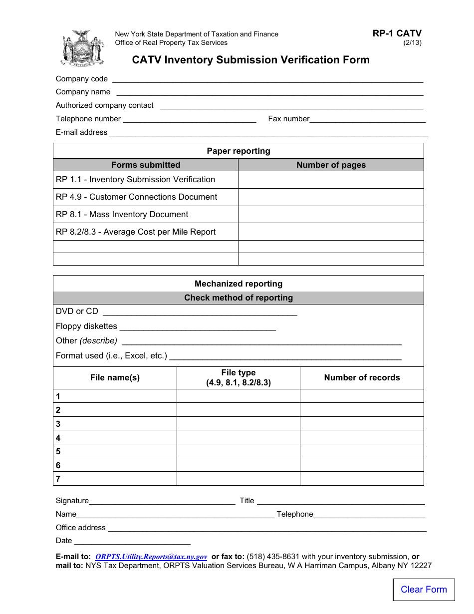 Form RP-1 CATV Catv Inventory Submission Verification Form - New York, Page 1