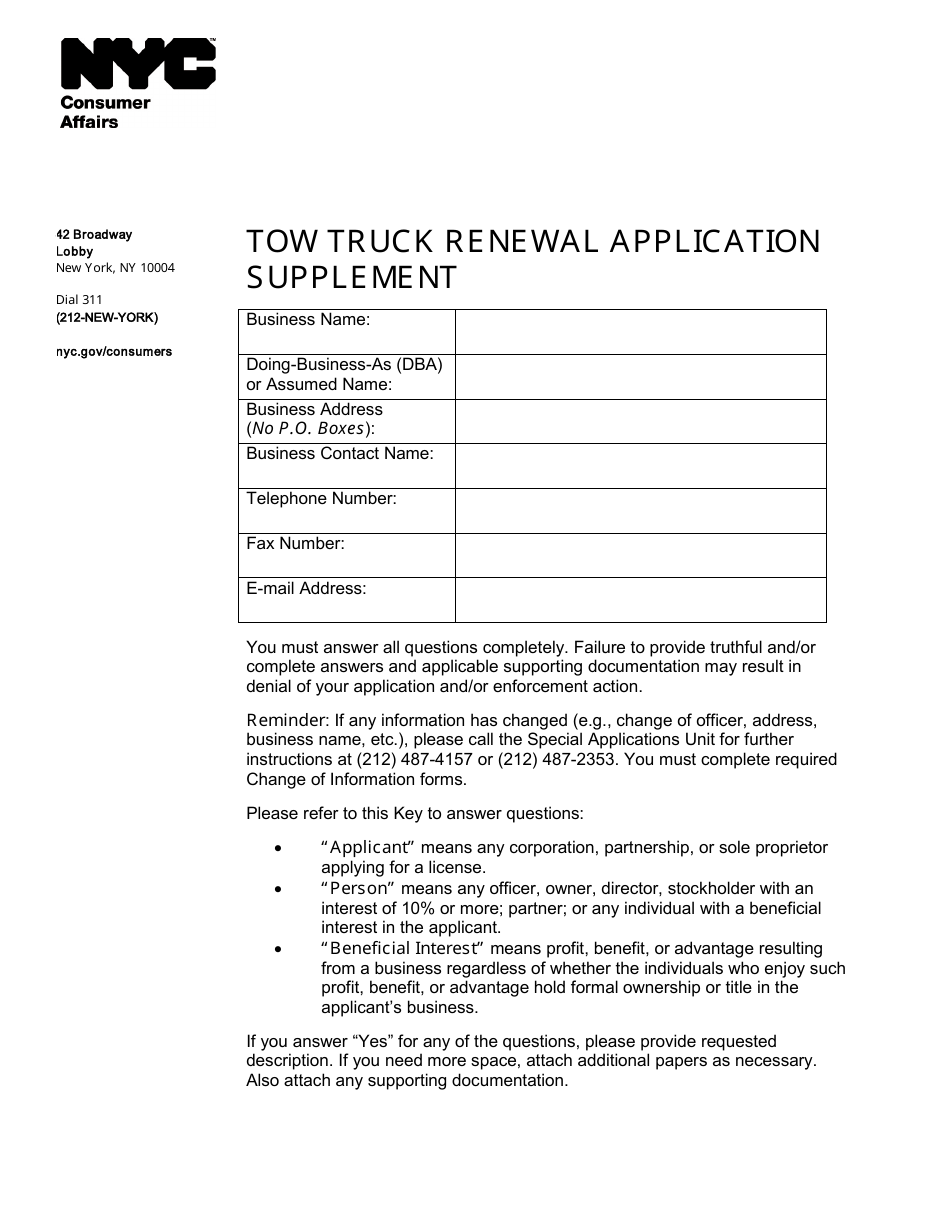 Tow Truck Renewal Application Supplement - New York City, Page 1
