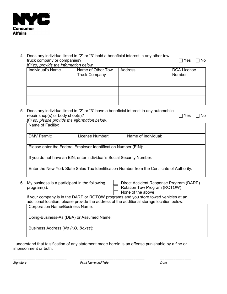 Tow Truck Renewal Application Supplement - New York City, Page 3