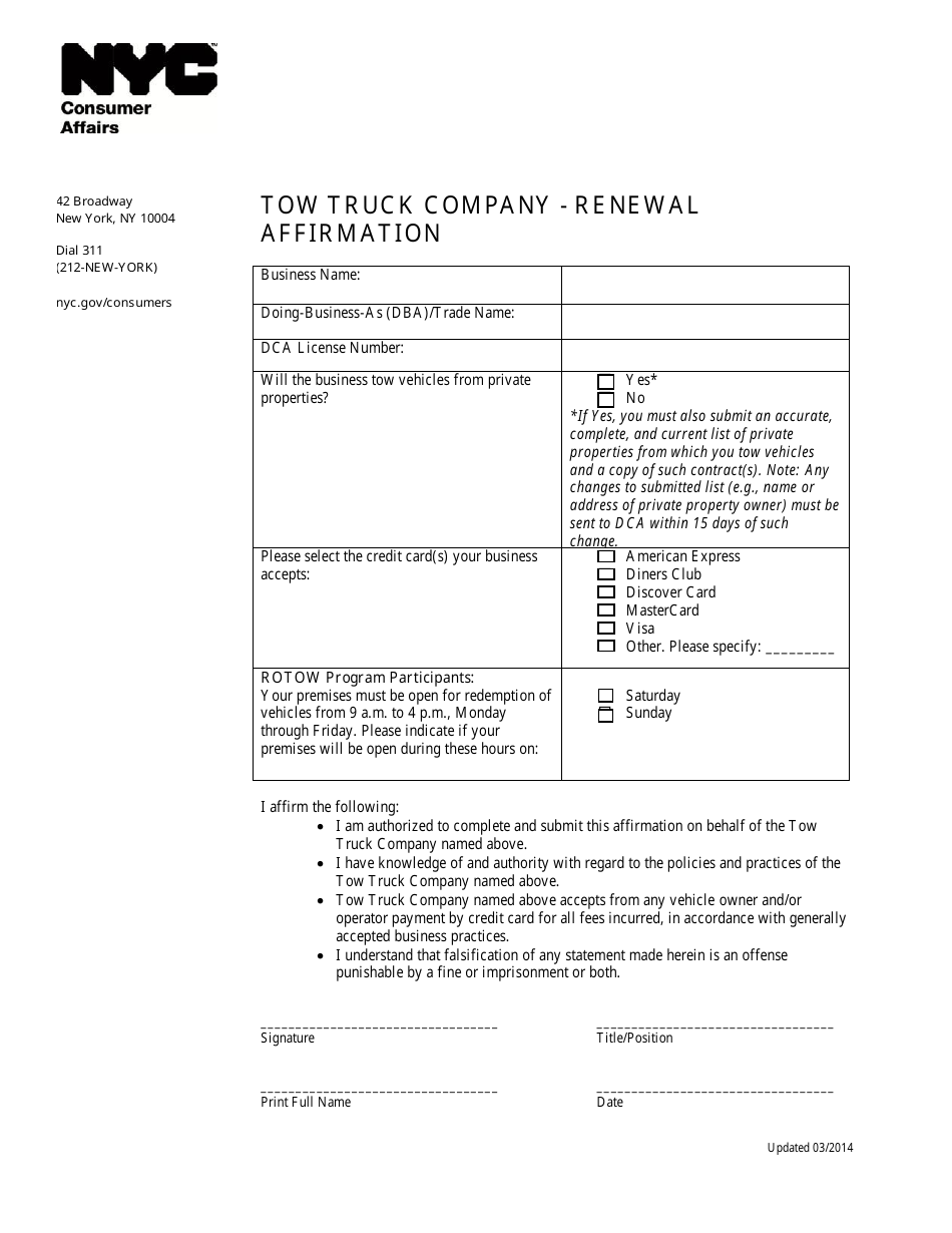 Tow Truck Company - Renewal Affirmation - New York City, Page 1