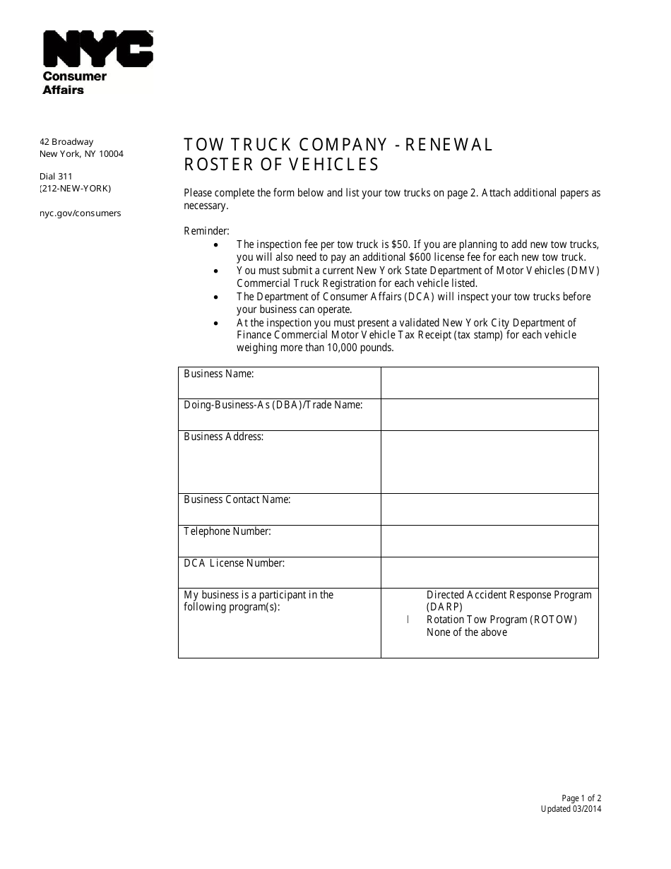 Tow Truck Company - Renewal Roster of Vehicles - New York City, Page 1