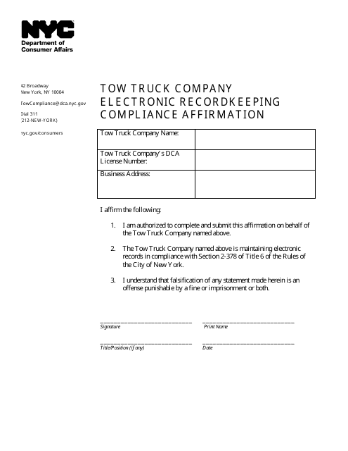 Tow Truck Company Electronic Recordkeeping Compliance Affirmation - New York City Download Pdf