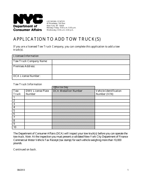 Application to Add Tow Truck(S) - New York City Download Pdf