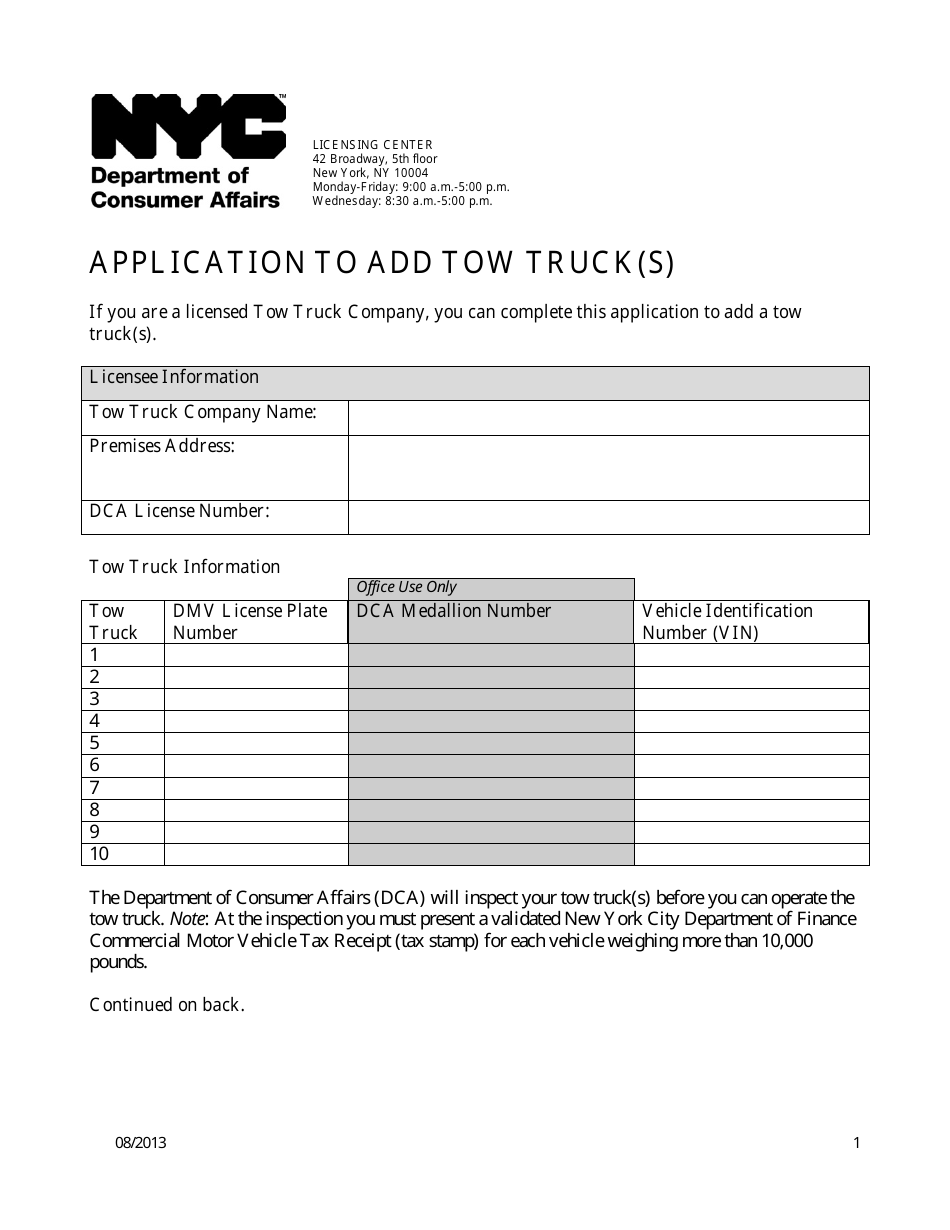 New York City Application To Add Tow Trucks Fill Out Sign Online And Download Pdf 0953