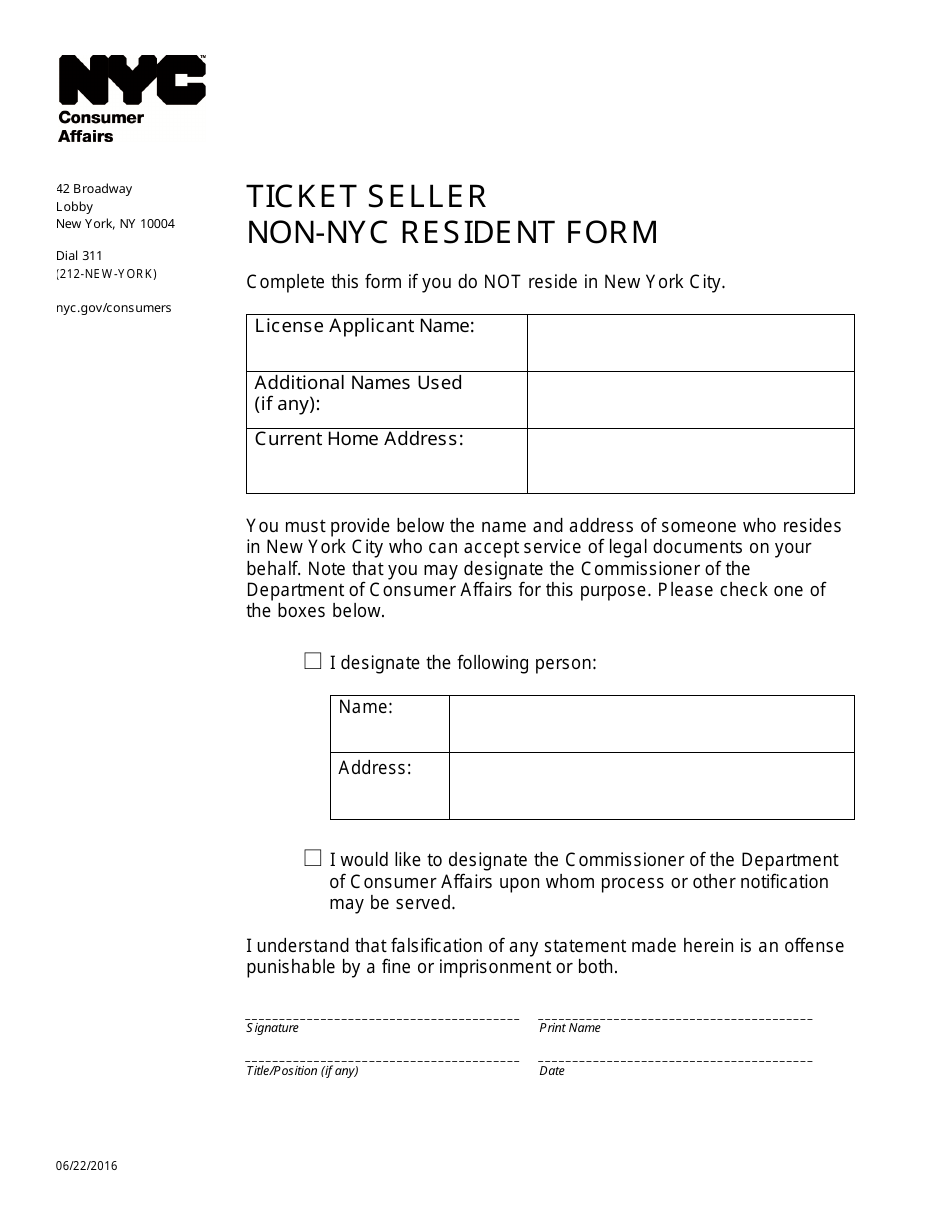 Ticket Seller Non-nyc Resident Form - New York City, Page 1