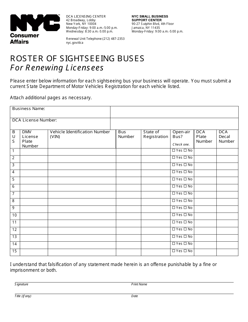 Roster of Sightseeing Buses for Renewing Licensees - New York City, Page 1