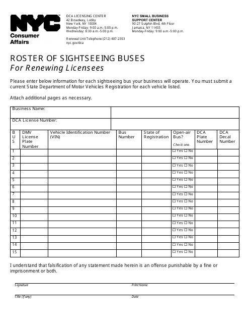 Roster of Sightseeing Buses for Renewing Licensees - New York City Download Pdf