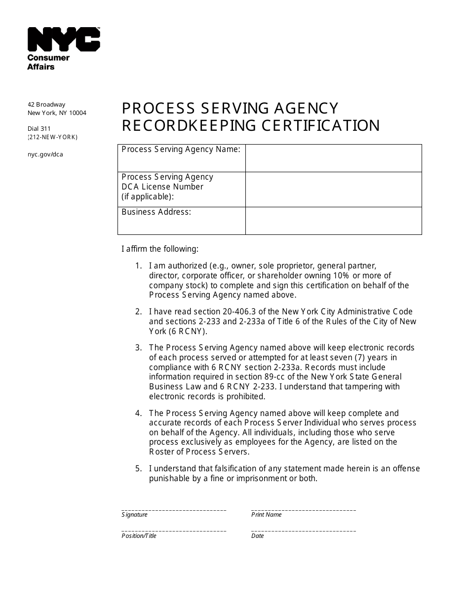 Process Serving Agency Recordkeeping Certification Form - New York City, Page 1