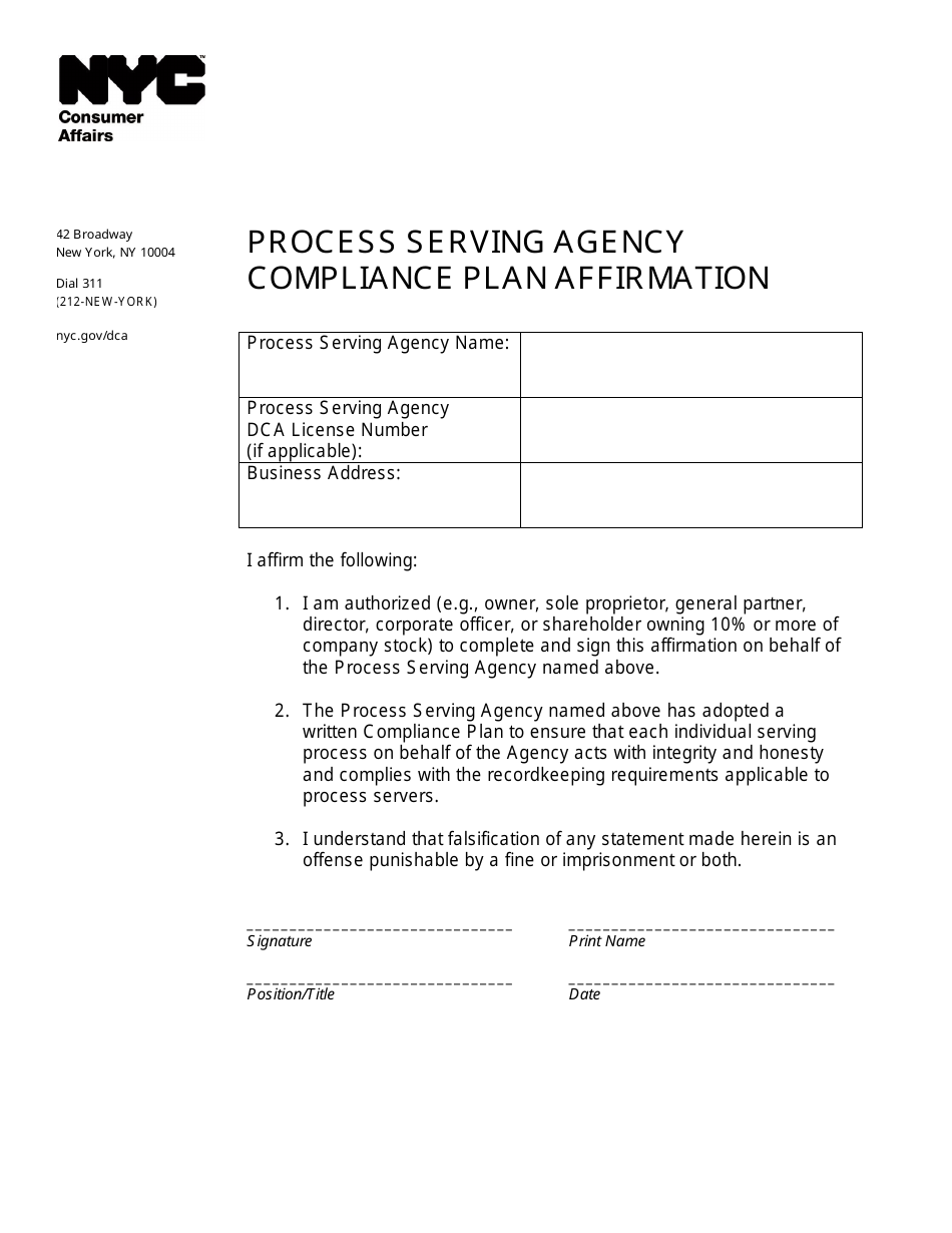Process Serving Agency Compliance Plan Affirmation - New York City, Page 1