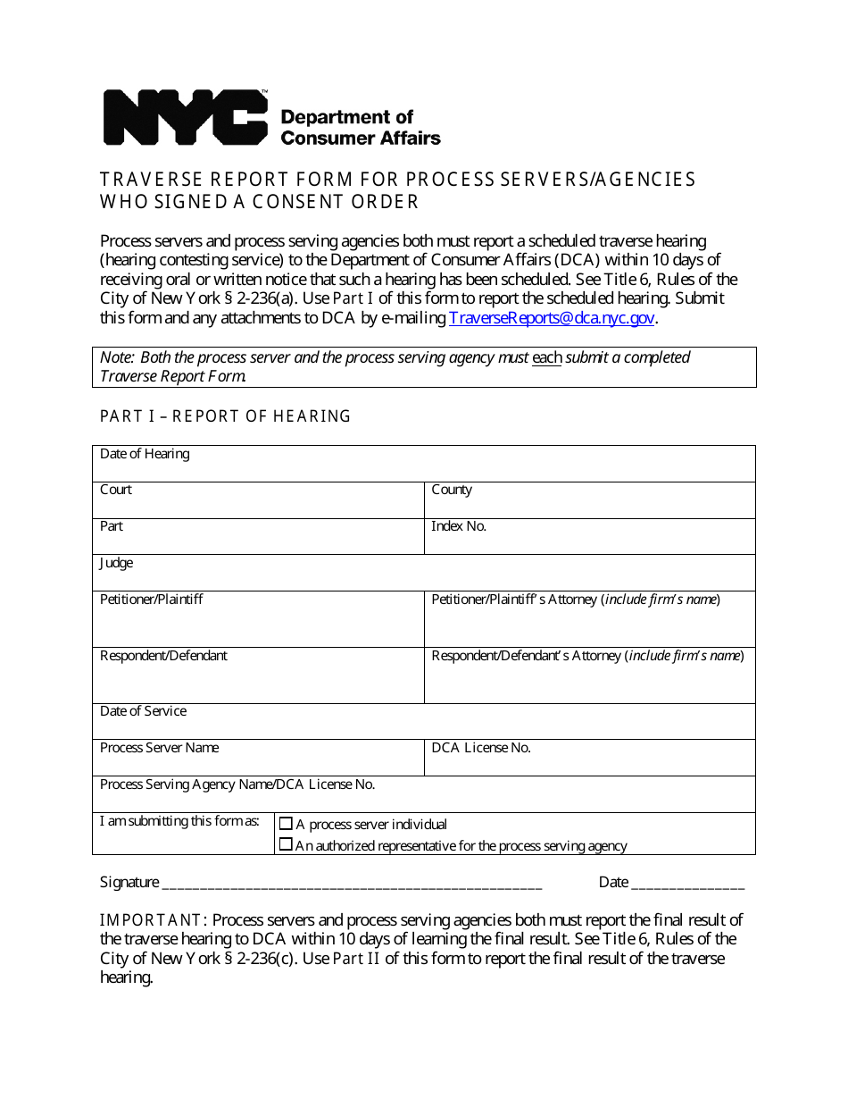 Traverse Report Form for Process Servers / Agencies Who Signed a Consent Order - New York City, Page 1