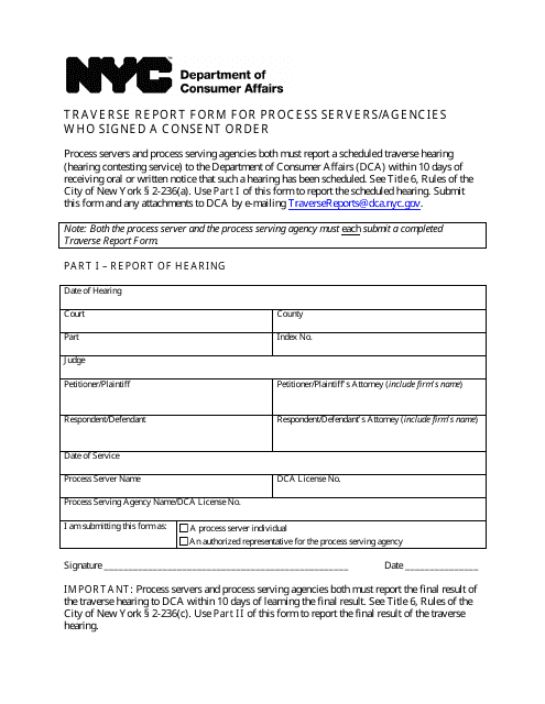 Traverse Report Form for Process Servers/Agencies Who Signed a Consent Order - New York City
