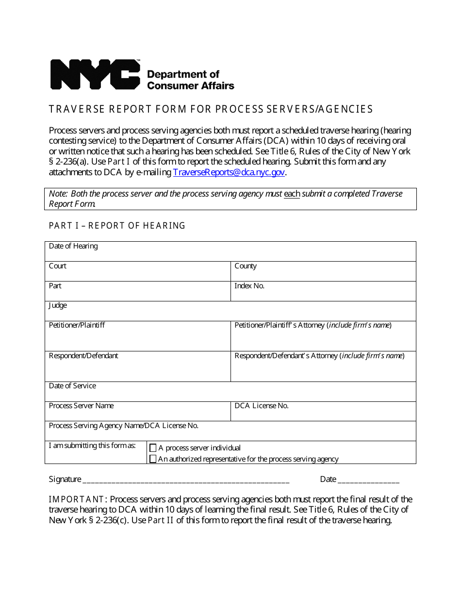 Traverse Report Form for Process Servers / Agencies - New York City, Page 1
