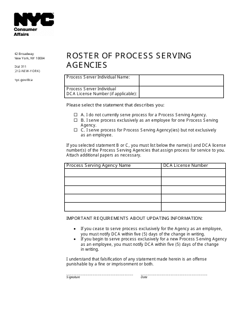 Roster of Process Serving Agencies - New York City Download Pdf