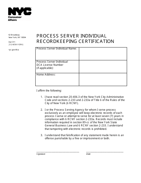 Process Server Individual Recordkeeping Certification - New York City Download Pdf