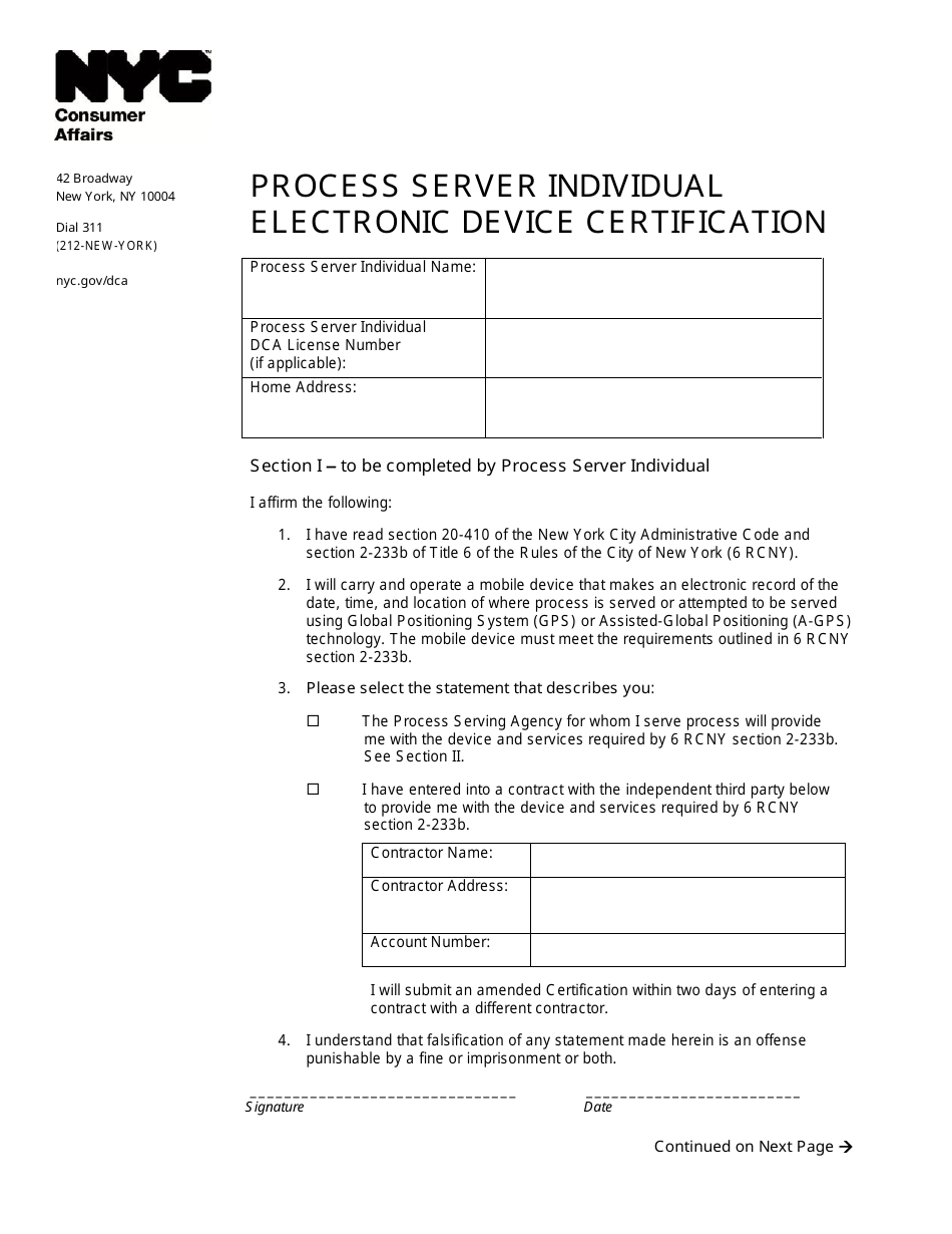 Process Server Individual Electronic Device Certification - New York City, Page 1