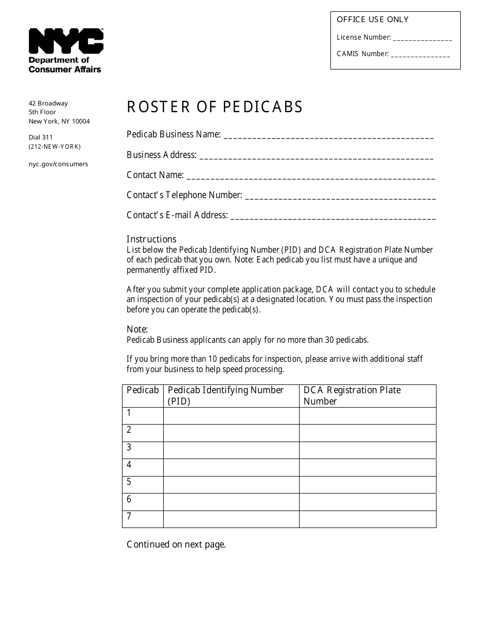 Roster of Pedicabs - New York City, Page 1