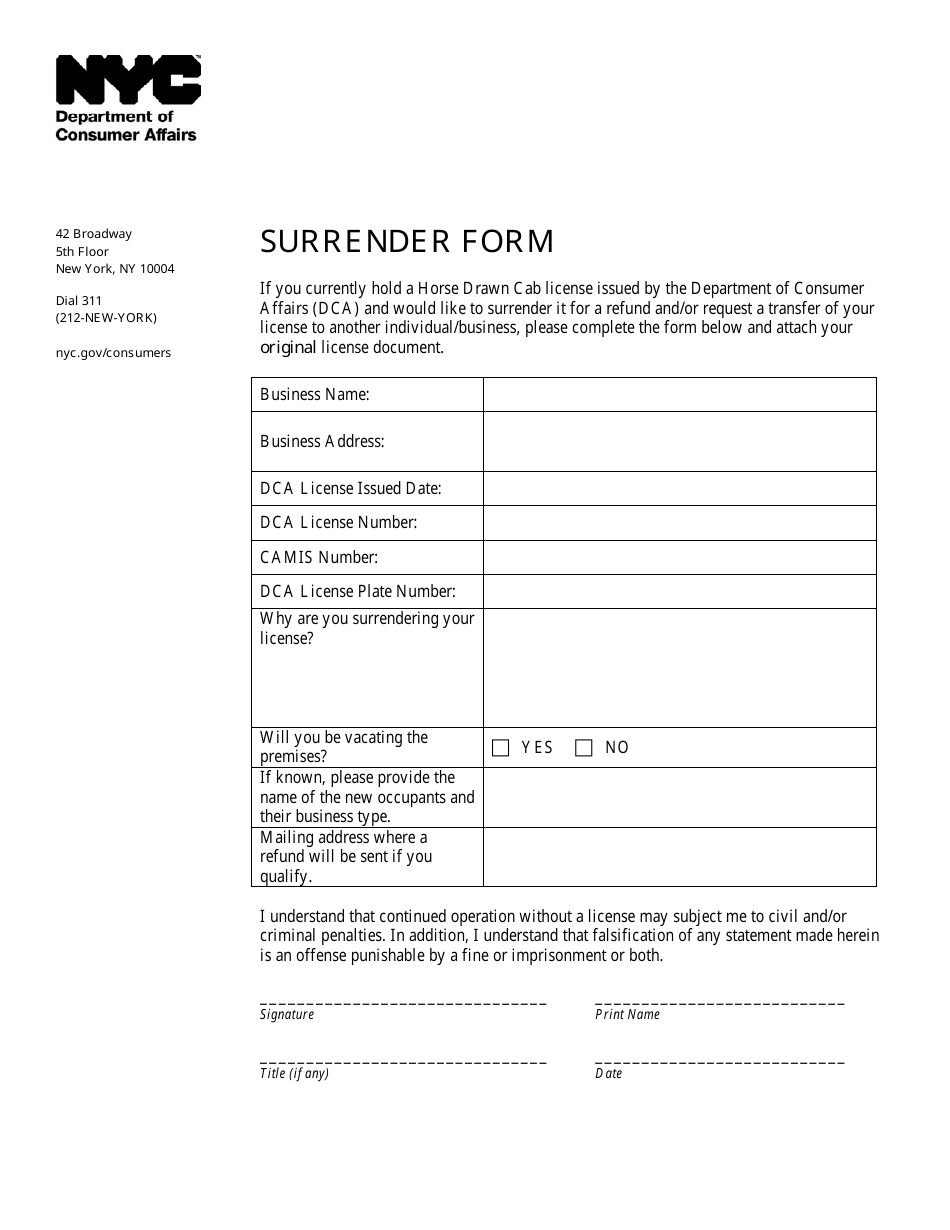 Surrender Form - New York City, Page 1