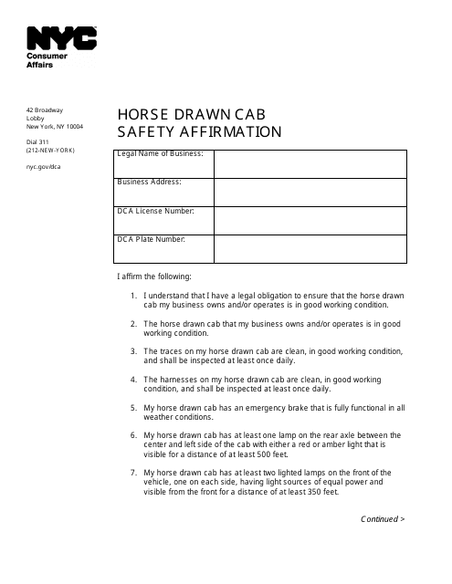 Horse Drawn Cab Safety Affirmation - New York City Download Pdf