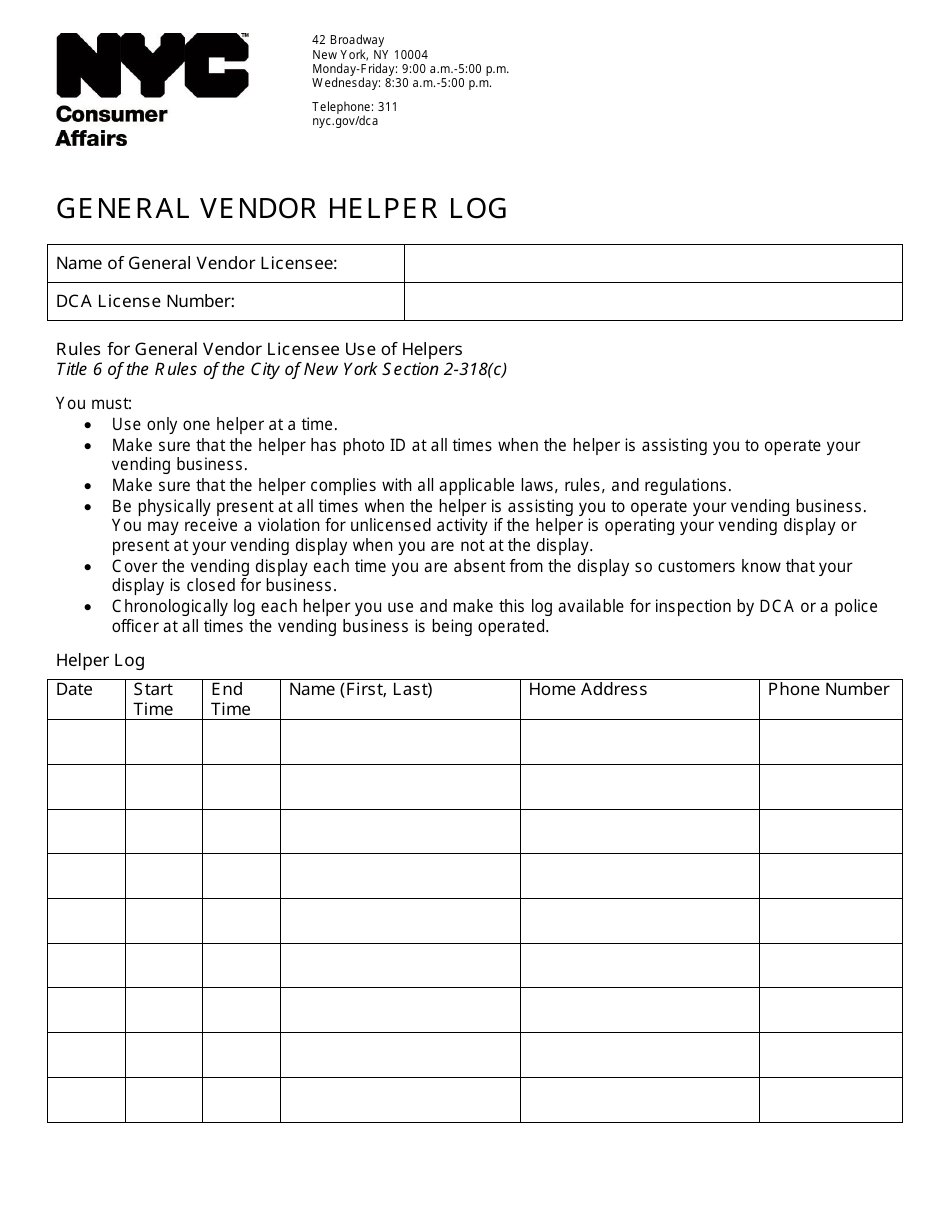 General Vendor Helper Log - New York City, Page 1