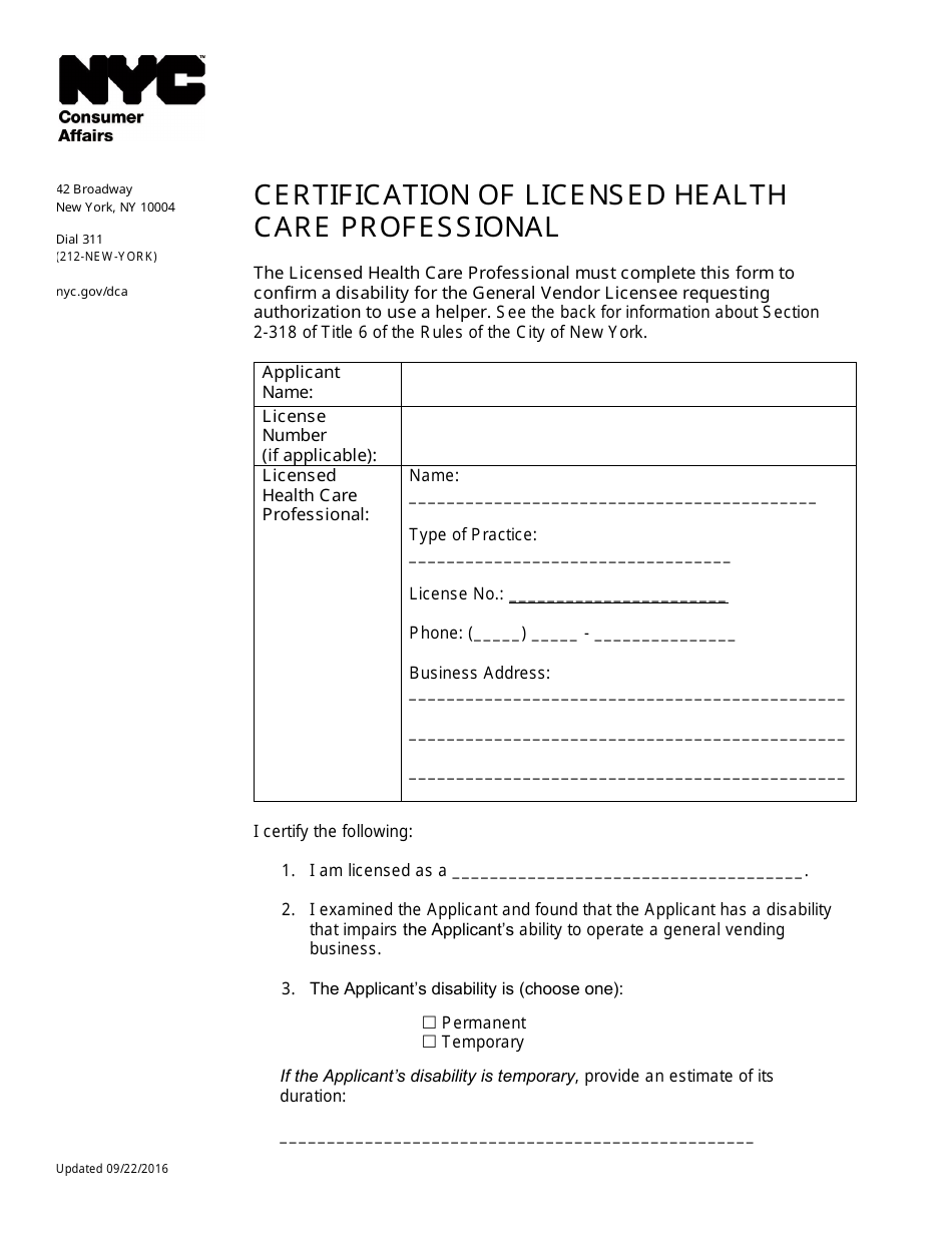 New York City Certification of Licensed Health Care Professional Fill