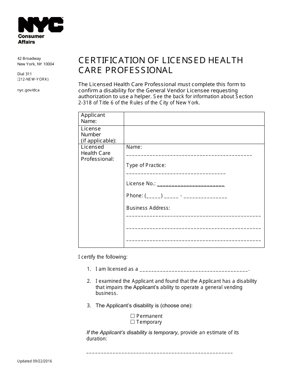 Certification of Licensed Health Care Professional - New York City, Page 1
