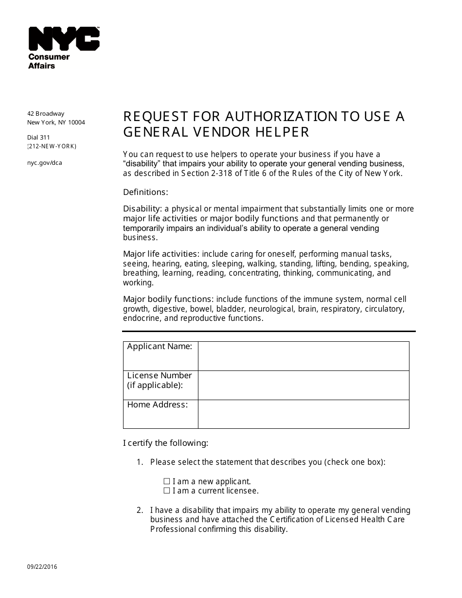 Request for Authorization to Use a General Vendor Helper - New York City, Page 1
