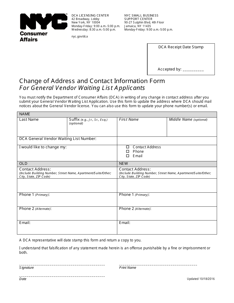 Change of Address and Contact Information Form for General Vendor Waiting List Applicants - New York City, Page 1