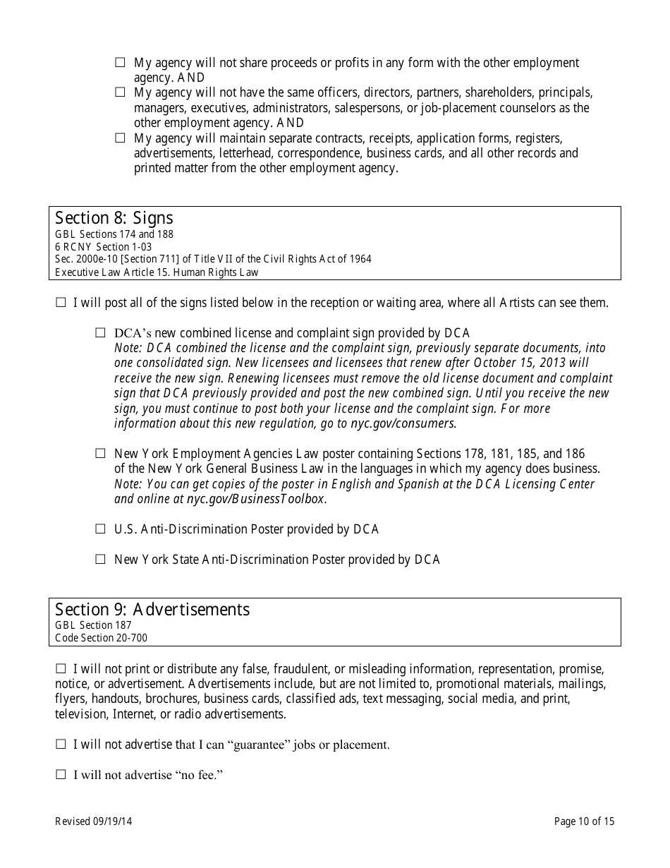 Theatrical Employment Agency Self-certification Form - New York City, Page 10