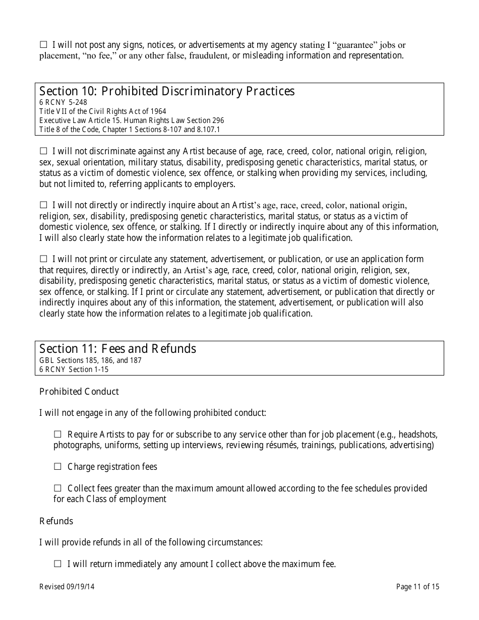Theatrical Employment Agency Self-certification Form - New York City, Page 11