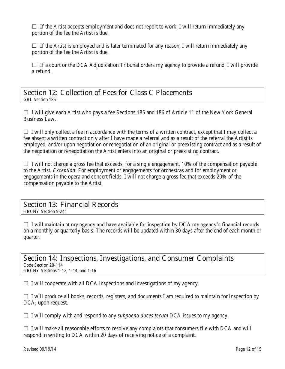 Theatrical Employment Agency Self-certification Form - New York City, Page 12