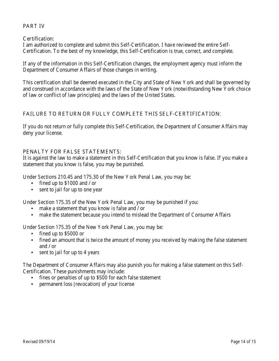 Theatrical Employment Agency Self-certification Form - New York City, Page 14