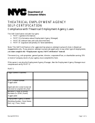 Theatrical Employment Agency Self-certification Form - New York City