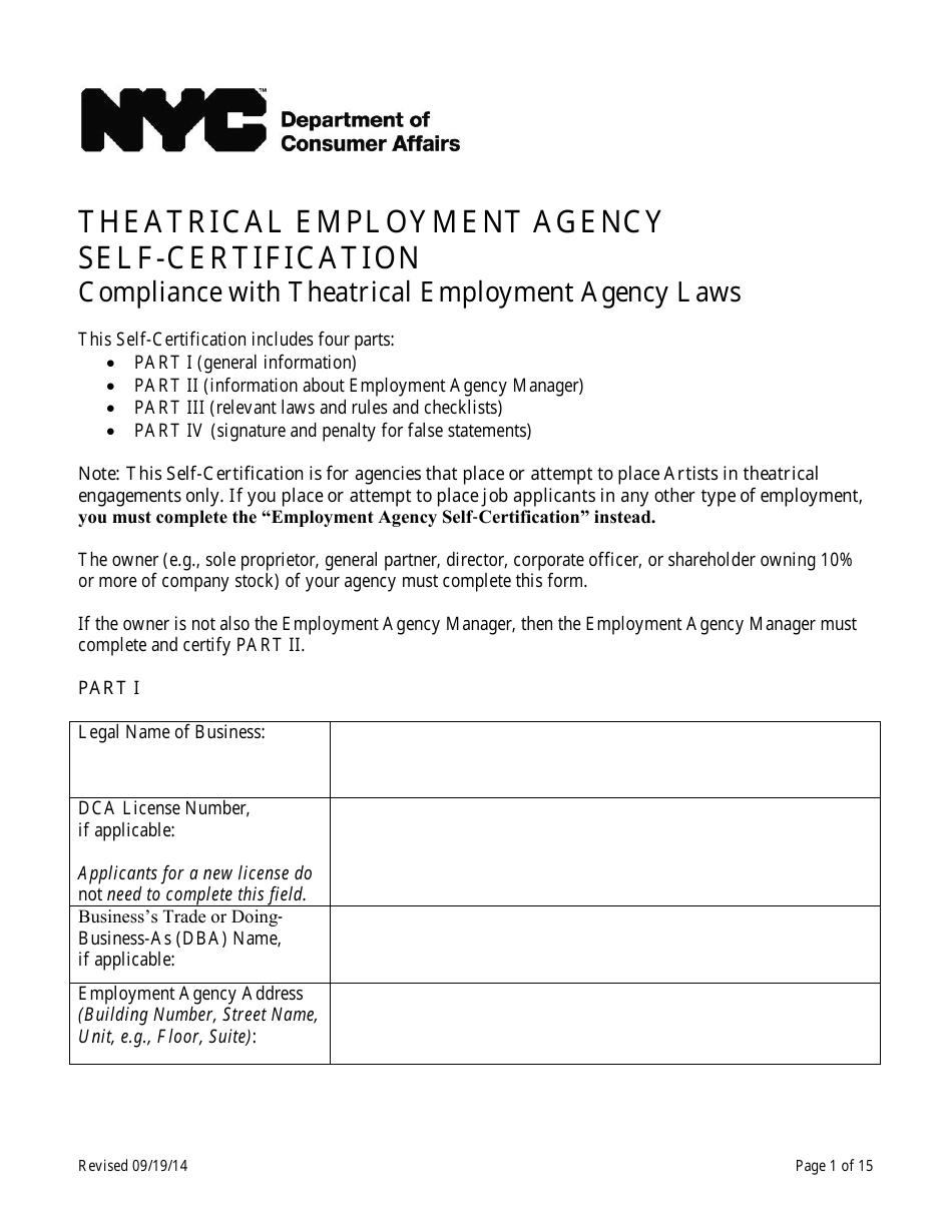 Theatrical Employment Agency Self-certification Form - New York City, Page 1