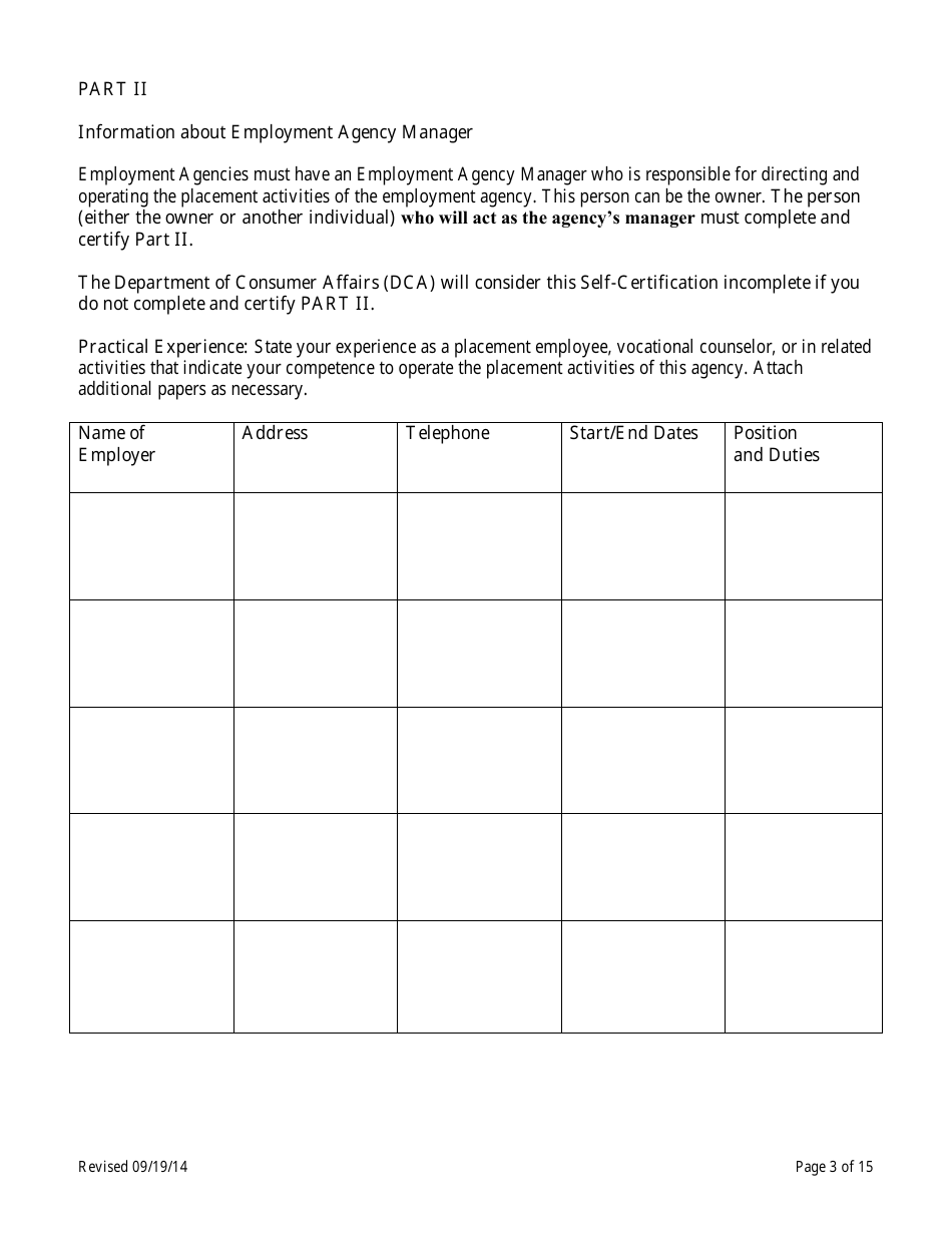 Theatrical Employment Agency Self-certification Form - New York City, Page 3