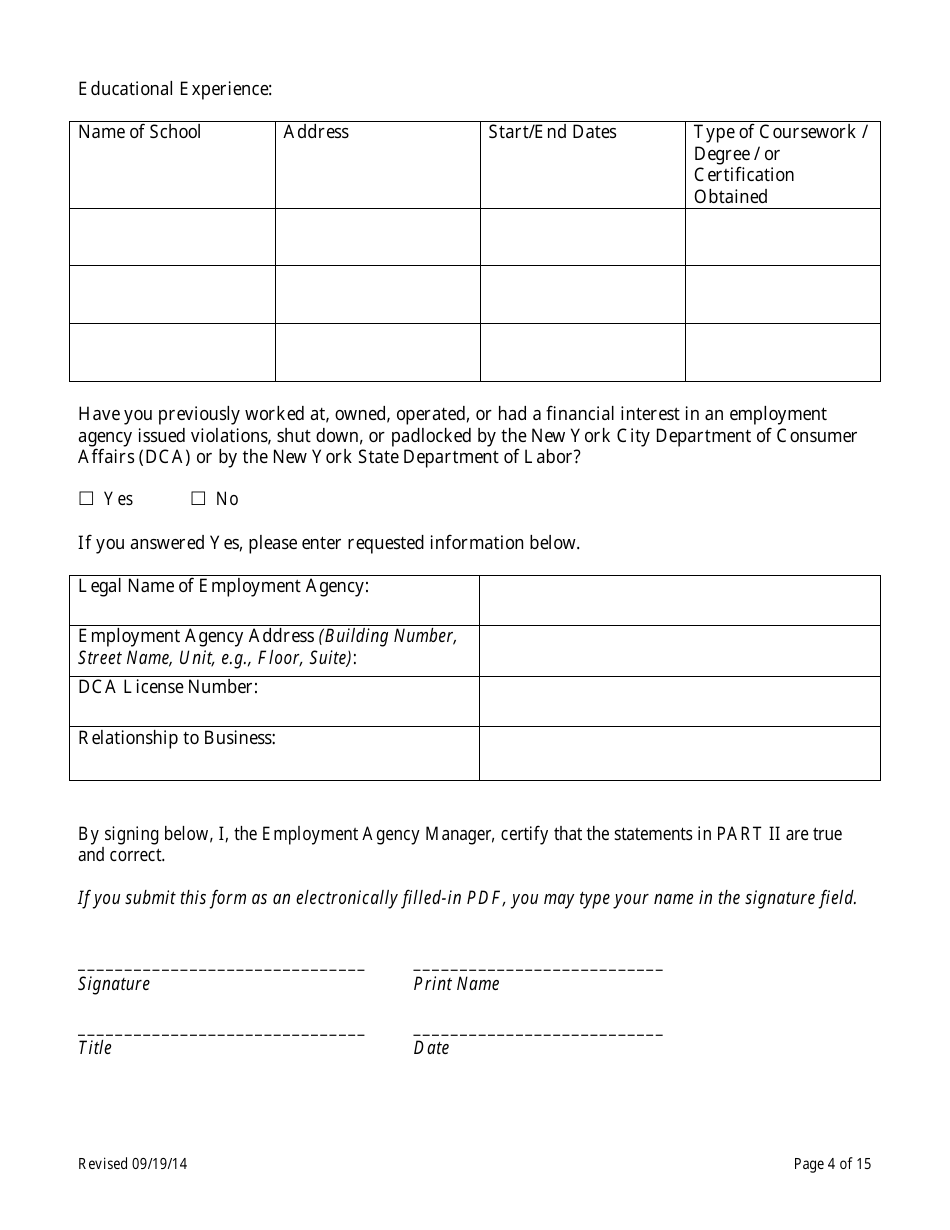 Theatrical Employment Agency Self-certification Form - New York City, Page 4