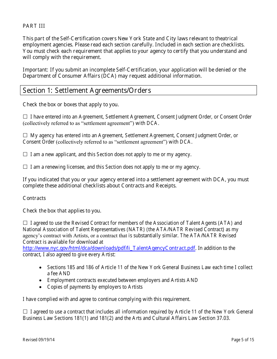 Theatrical Employment Agency Self-certification Form - New York City, Page 5