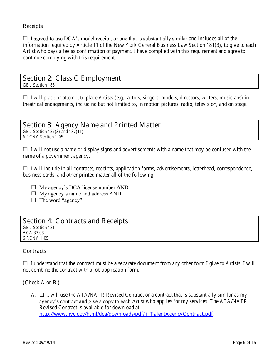Theatrical Employment Agency Self-certification Form - New York City, Page 6