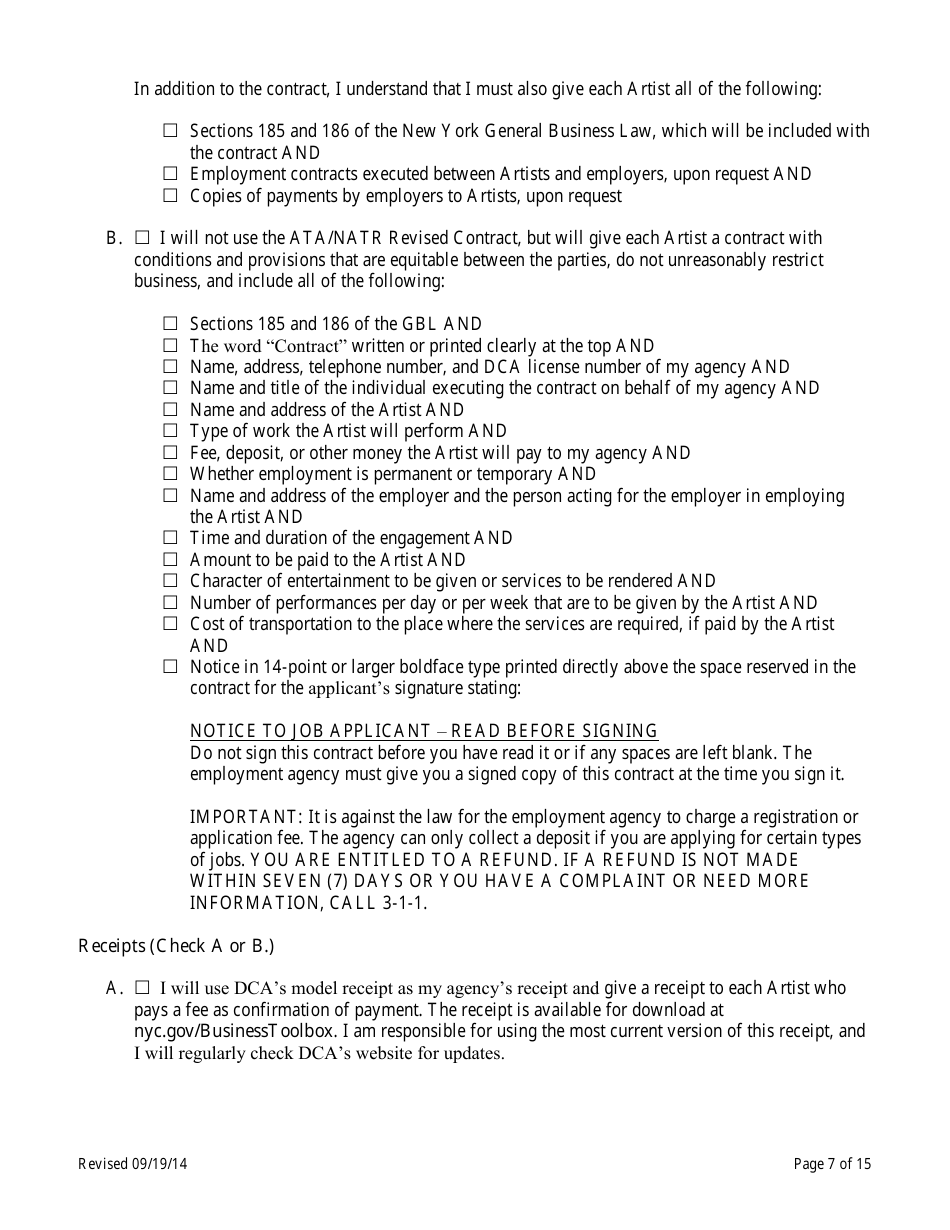 Theatrical Employment Agency Self-certification Form - New York City, Page 7