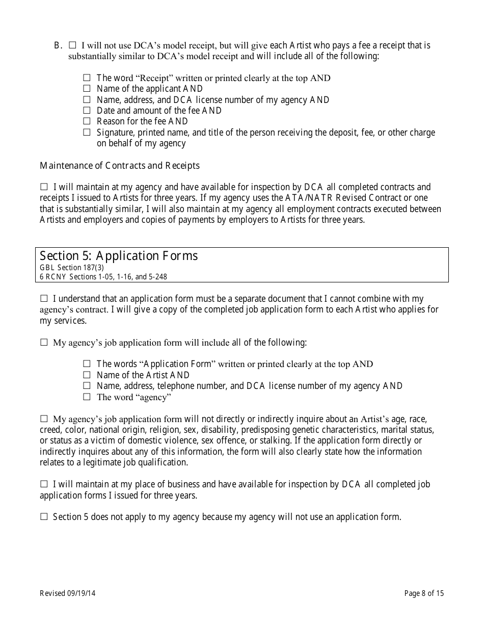 Theatrical Employment Agency Self-certification Form - New York City, Page 8