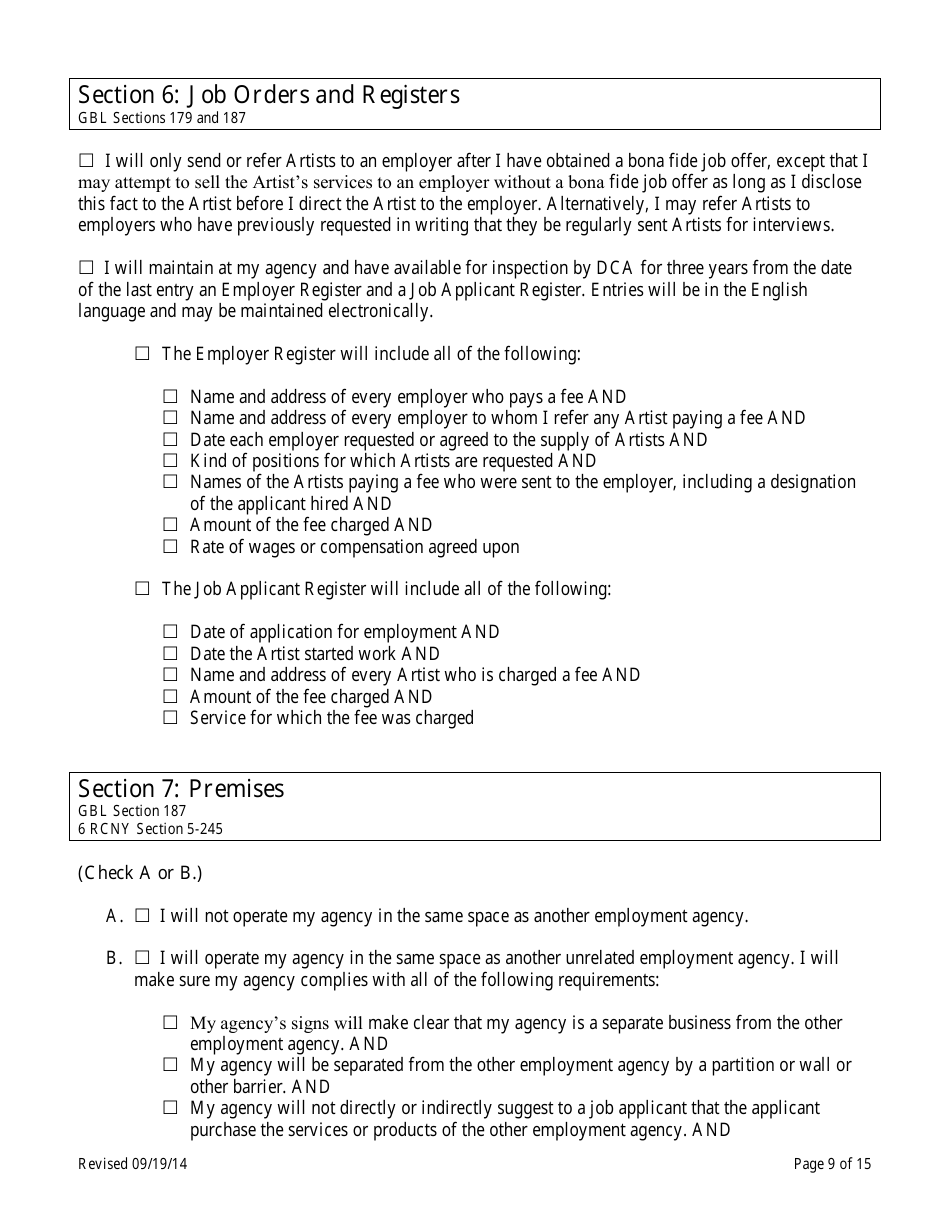 Theatrical Employment Agency Self-certification Form - New York City, Page 9