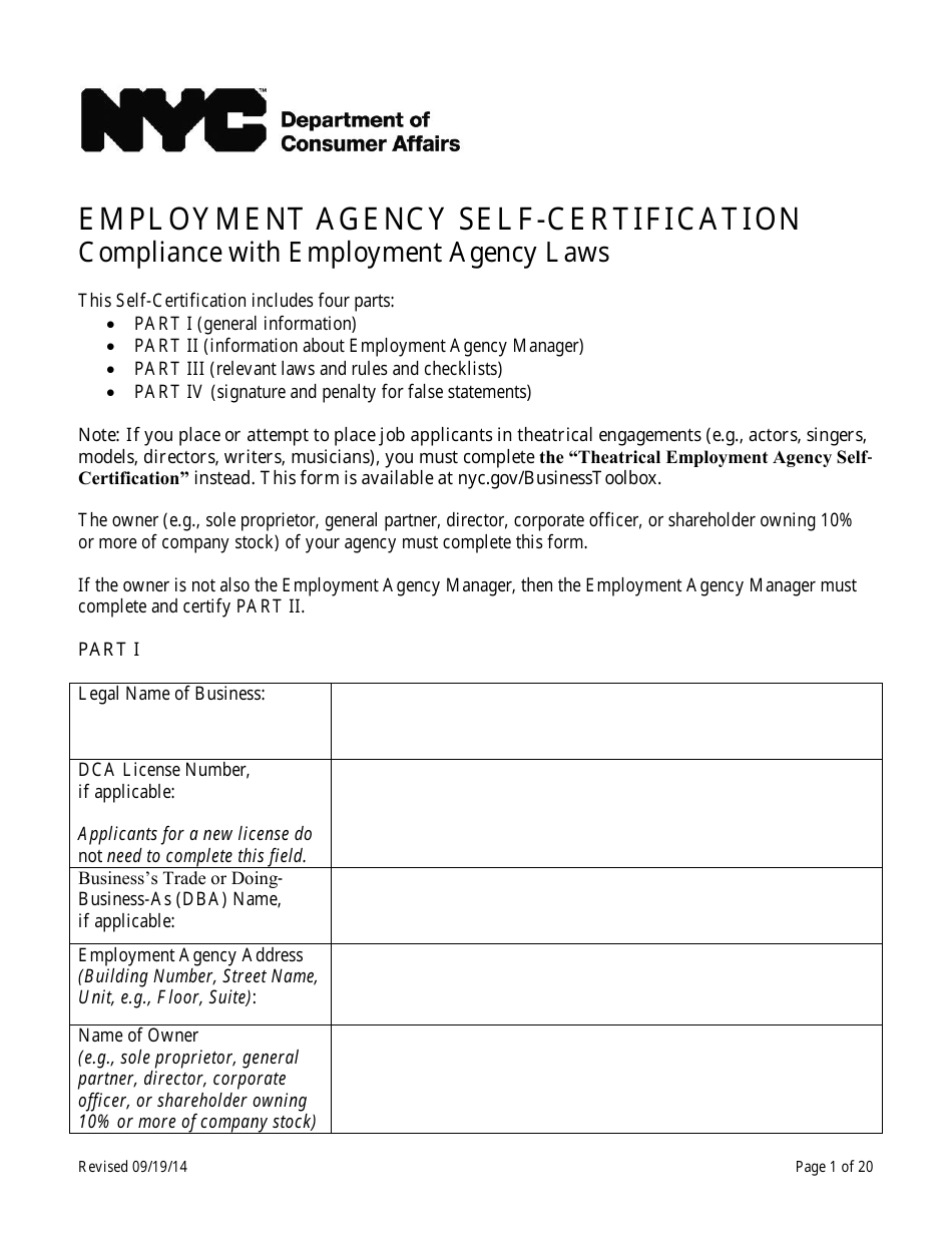 Employment Agency Self-certification - New York City, Page 1