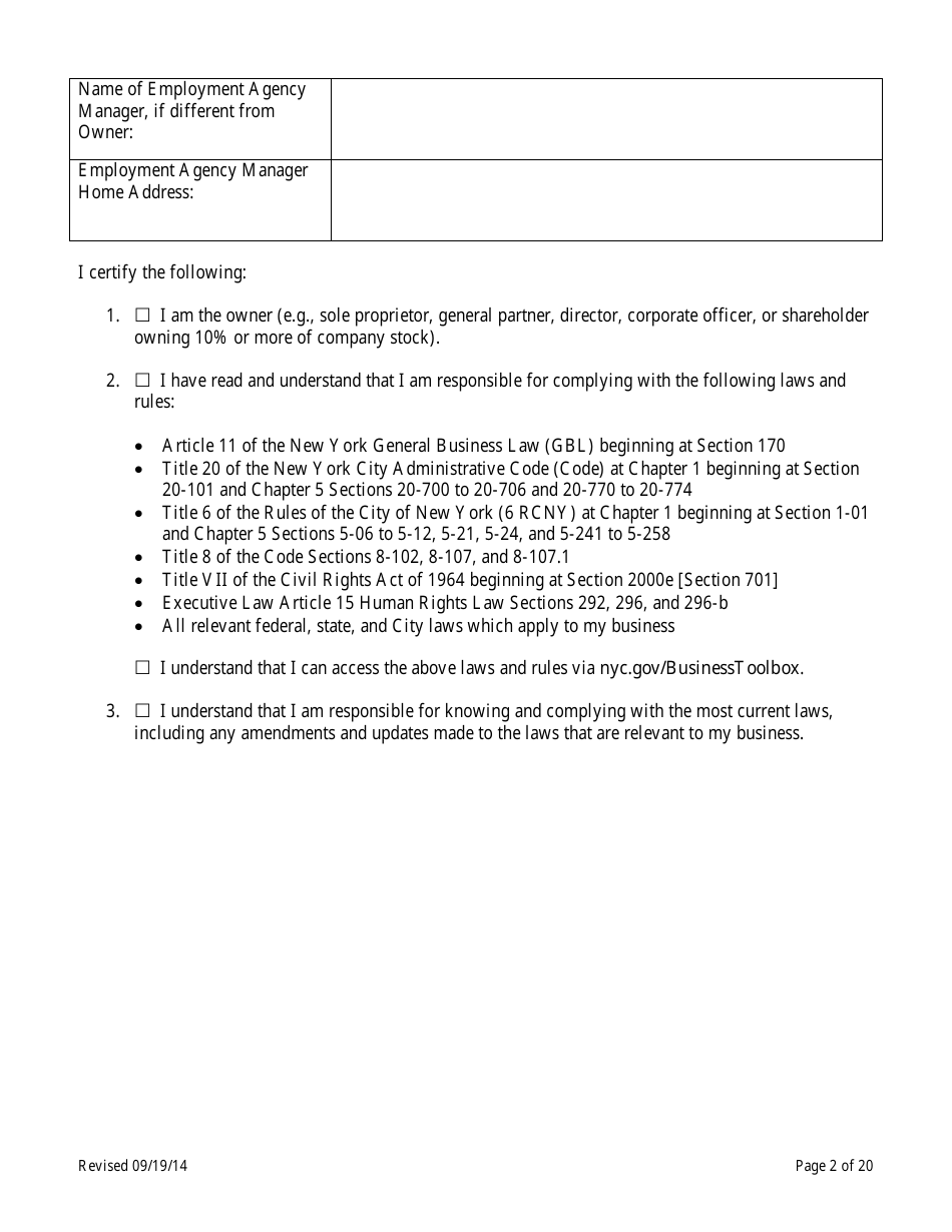 Employment Agency Self-certification - New York City, Page 2